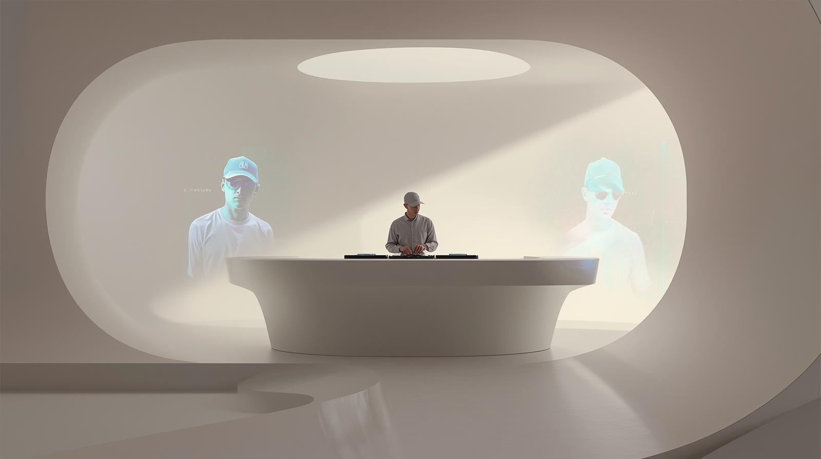 A minimalist and clean cinematic photography style showcasing a futuristic DJ booth with smooth, curved lines and prominently visible holographic displays of a dj with baseball hat and sunglasses